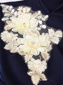 AOMEI 优雅女士美人鱼中长连衣裙，V 领，短泡泡袖，荷叶边贴花细节，修身正式连衣裙 - 藏蓝色 - 查看 5
