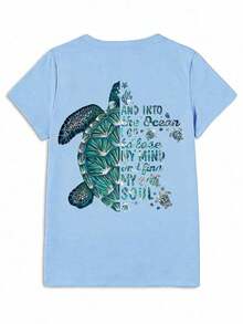 Camiseta de Mujer para Vacaciones en la Playa Tropical - Estampado de Doble Cara "Sunshine Vibes", Top Casual de Poliéster con Cuello Redondo y Manga Corta, Lavable a Máquina, Apta para Todas las Temporadas, 100% Algodón, Verano - Negro - Ver 8