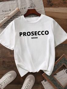 Howell Women's Casual T-Shirt With "Prosecco Mood" Letter Print, Round Neck, Regular Length - Fashionable Top For All Seasons, White, Summer - 白色 - View 1