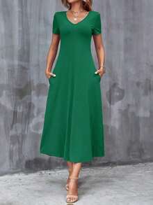 Vestido unicolor con bolsillo oculto escote V - Verde - Ver 5
