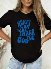 1pc Women's Sports And Leisure T-Shirt, Gratitude Theme, Retro Cartoon Pattern "Thank You, God" Short Sleeve, Outdoor Leisure And Vacation T-Shirt For Spring And Summer, Local Store, Casual And Elegant Short Sleeve T-Shirt. - 黑色 - 查看 1