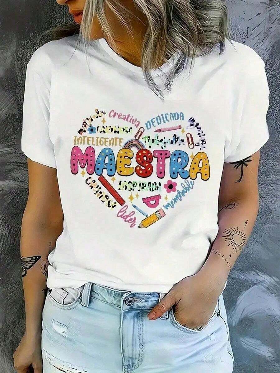 Women's White T-Shirt With Spanish Teacher Theme - Casual Round Neck Short Sleeve Top With Icons And Phrases, Gift For Educators, Comfortable Spring-Summer Clothing (Standard Size B1) BKZ8 - 白色的 - 查看 1