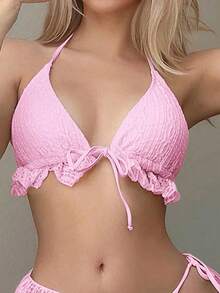 Conjunto de bikini de 3 piezas con tapa de falda, estilo de vacaciones en la playa, para mujer, con bikini halter sin espalda y encaje sexy - Rosa 2 - Ver 3