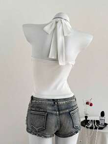 Top de tirantes de cuello halter sin espalda con cuello en V de color liso, uso casual diario - Blanco - Ver 2