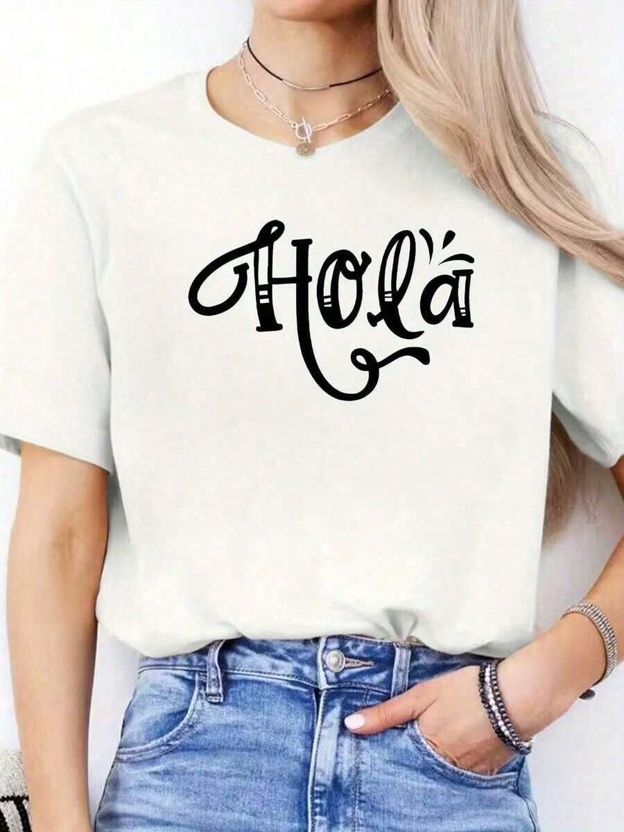 Women's Casual Spring/Summer Sports T-Shirt, Polyester Knit, Round Neck, Short Sleeve, Alphabet Print | Relaxed Fit | Plus Size Blouses For Women - White - View 1