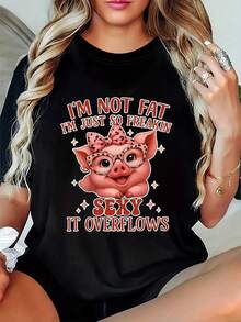 Plus Size Women's Soft One-Piece Summer Outfit, T-Shirt With A Fun Pig Print "Not Fat, Just Irresistibly Sexy", Stylish Women's Clothing, Style: Round Neck, Short Sleeves, Loose Fit, A Gift For Yourself/Family/Lover/Friends, For Daily Wear, Loungewear - 100% Cotton T-Shirt, Breathable, Casual For Everyday Wear. - 黑色 - 查看 8