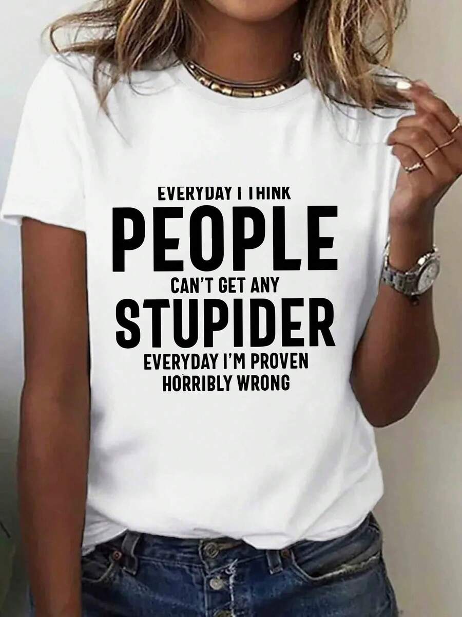 Soft One-Piece T-Shirt With Funny Phrase Print, Casual Women's T-Shirt For The Season, Short Sleeve T-Shirt With Round Neck, Suitable For Outdoor Sports, Holiday Gift, New Summer Fashion Product, Mother's Day Gift - 100% Cotton T-Shirt, Breathable For Casual Daily Wear. - 白色 - 查看 1