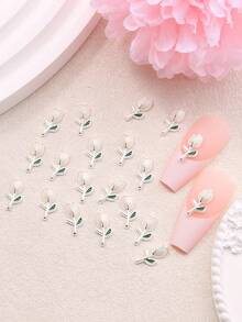 20 pièces/paquet Accessoires de nail art en forme de fleur de tulipe, décorations d'ongles en alliage, autocollants pour ongles roses et blancs, convient pour les fournitures de nail art - Multicolore - Voir 8