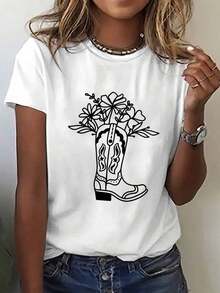 1 Piece Women's T-Shirt With Floral Cowboy Boot Graphic Print, Soft Fiber Fabric, Medium Elasticity, Semi-Transparent, Casual Round Neck, Short Sleeve, For Spring Summer, Western Style T-Shirts, Daily Fashion, Comfortable Fit Shirt, 180g 100% Cotton. - 白色 - 查看 7