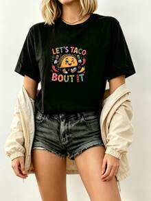 Women's Urban Style Black Short-Sleeved T-Shirt With Vintage Design Of Mexican Taco, Chili, Macaca Character And Tropical Beach Motifs, With The Slogan "Let's Taco Bout It",  Casual Top For Going Out, Classic Party Outfit,  Mexican-Themed Tops For Women. - 黑色 - 查看 4