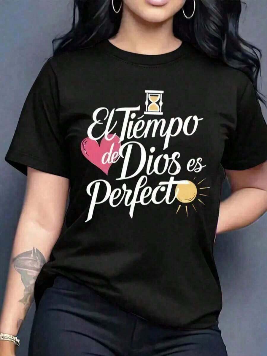 Women's Graphic Tee, Short Sleeve, Round Neck, Basic, Comfortable, Cool, Lightweight, Modern, Youthful, Casual Print, Religious Phrase, God's Timing Is Perfect, Christian Letters, Heart, Tee GDUELeisure - 黑色 - 查看 1