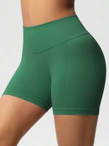 Pantalones cortos de yoga sin costuras de cintura alta para mujer - Levantamiento de glúteos elástico, adecuado para correr, fitness y actividades al aire libre| Apariencia de moda| Tela elástica de verano - Verde - Ver 8