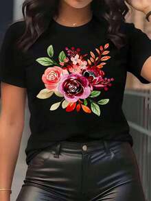 New Arrivals For Summer. Women's T-Shirt With A Floral Rose Bouquet Print, Round Neck, Casual Style For Everyday Wear, Soft And Comfortable Fabric, Vacation Style. Blouse, Shirt > Beautiful. - 黑色 - 查看 1