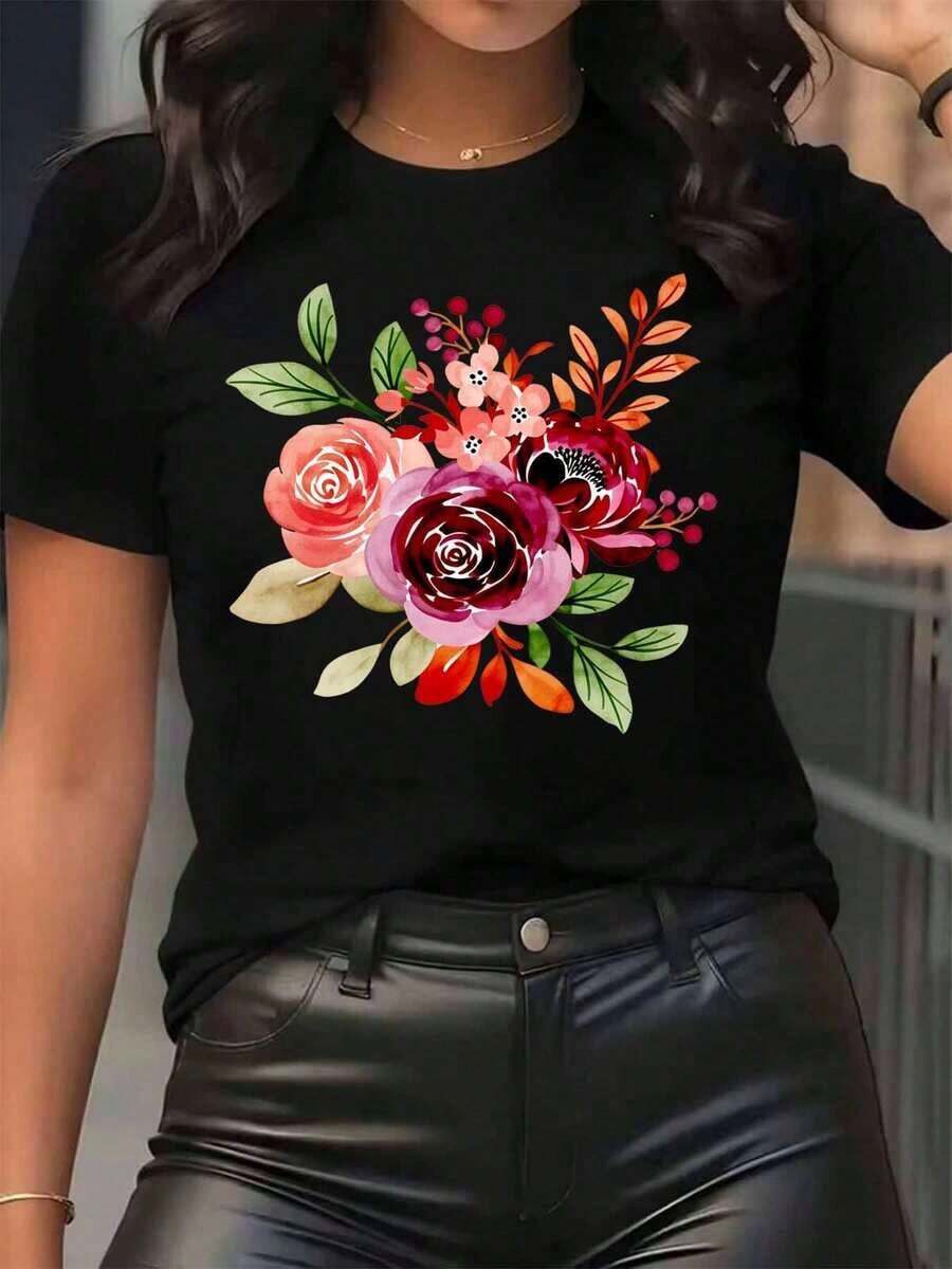 New Arrivals For Summer. Women's T-Shirt With A Floral Rose Bouquet Print, Round Neck, Casual Style For Everyday Wear, Soft And Comfortable Fabric, Vacation Style. Blouse, Shirt > Beautiful. - 黑色 - 查看 1