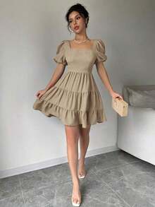 Vestido de verano, primavera y playa, elegante y romántico, para conciertos, estilo bohemio con mangas abultadas, espalda descubierta, lazo, para vacaciones, tiempo libre y viajes, con volantes en el bajo, color caqui, nuevo modelo 2025 - Caqui - Ver 3