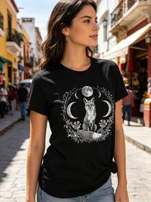 Limited Time Offer, Limited Quantities, Flash ! Women's Casual Shirt, Elegant, Women's Short-Sleeved Sports T-Shirt, Fox Print, Starry Sky Trim. - 黑色 - 查看 2