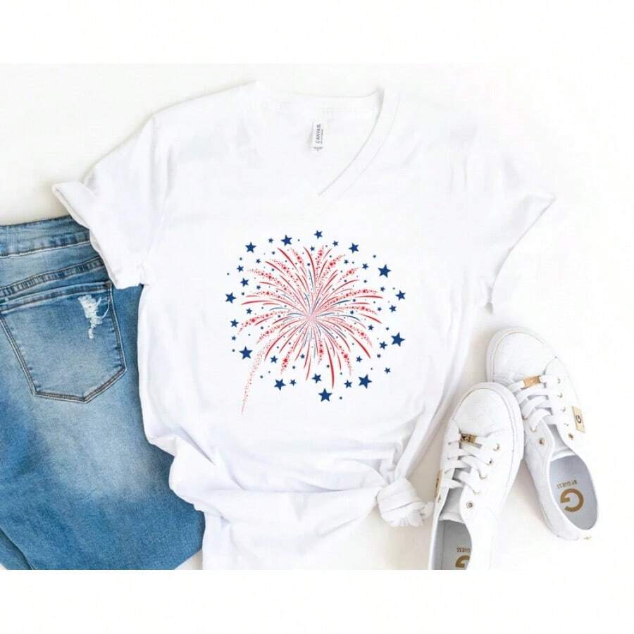 Firework USA V-Neck T-Shirt, 4th Of July T-Shirt, Independence Day T-Shirt, Gift For Americans, Red, White And Blue T-Shirt, Patriotic T-Shirt, American T-Shirt, Women's Blouses - 白色 - 查看 1
