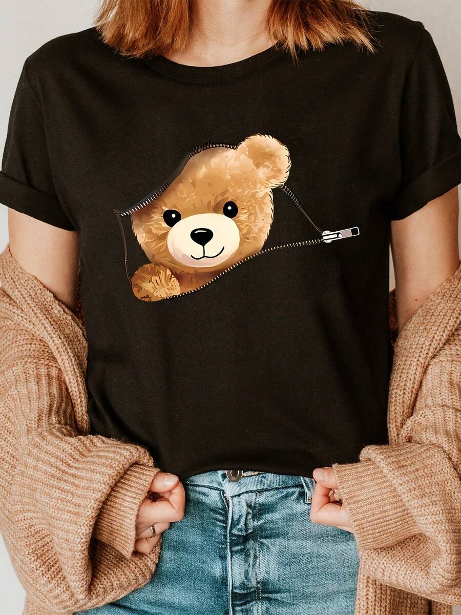 Cute Bear Print T-Shirt, Short Sleeve And Round Neck, Casual Top For Summer And Spring, Women's Clothing - 黑色 - 查看 1