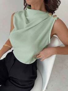Camisa de oficina blanca sin mangas con cuello plisado asimétrico y botones metálicos, elegante y versátil para el uso diario, primavera/verano - verde menta - Ver 7