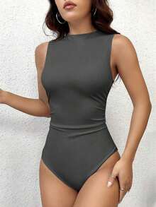 Body sin mangas de unicolor minimalista y de moda para mujer, de verano - Gris Oscuro - Ver 5