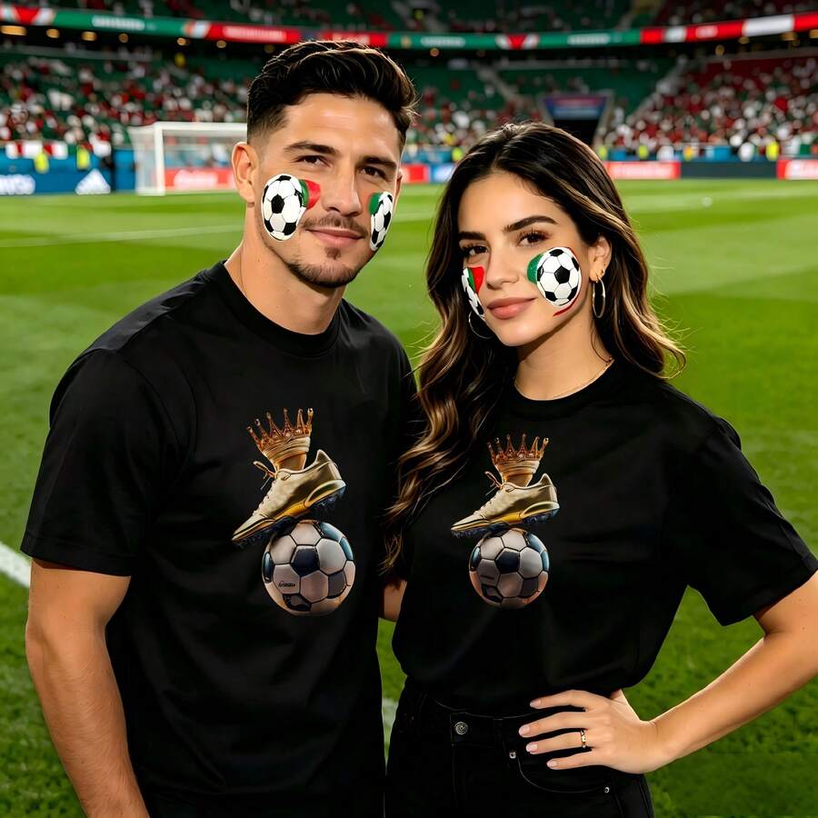 Couple Football Pattern T-Shirt, 100% Cotton, Loose Fitting, Soft And Breathable, Casual Round Neck Short Sleeved Top Golden Boot Crown Soccer Ball Printed Patterns, Dating, Leisure Travel, Gatherings, Simple Cartoon Printing Style, High Cost-Effectiveness Suitable For Watching Live Sports Games, - 黑色 - 查看 1