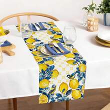 1pc Summer Lemon Bird Tablecloth, Blue Floral Coarse Linen Tablecloth, Geometric Pattern Seasonal Coffee Table Center Decor For Home, Kitchen, Dining Room, Party, Indoor & Outdoor - Blue - View 6
