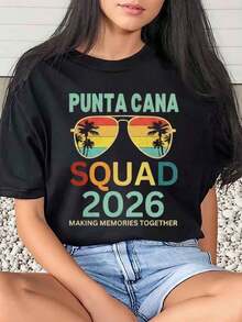 1 Piece Women's T-Shirt Punta Cana 2026 Creating Memories Together Tropical Sunglasses And Palm Tree Print Travel Gift For Vacation Daily Wear Round Neck Short Sleeve Soft And Comfortable 220g/180g 100% Cotton - 黑色 - 查看 6