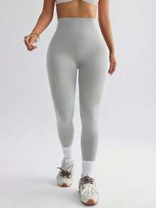sin costuras de cintura alta de unicolor para uso diario, fitness y yoga para mujeres - Gris Claro 3 - Ver 3