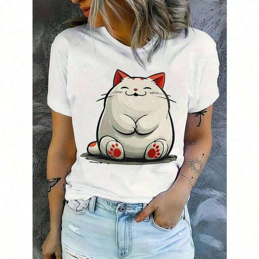 NEW Women's Casual Crew Neck T-Shirt With Cartoon Cat Graphic Print - White And Red Details, Breathable 2D Flat Print, Machine Washable, Casual Outfit For Spring, Summer And Autumn, Women's T-Shirts, Seasonal Essential, Fun Design, Comfortable Fit, Fashionable Unisex Loose Cotton Short Sleeve Crew Neck T-Shirt With Vintage Urban Style 2D - 白色 - 查看 1
