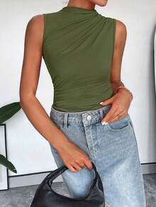 Body sin mangas para mujer con cuello alto y pliegues casuales de verano - Verde militar - Ver 3