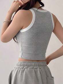 Top corto de mujer de unicolor negro ajustado para gimnasio - Gris 2 - Ver 5
