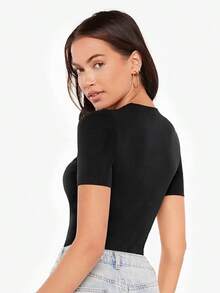 Body de silueta ajustada de color sólido, de estilo sencillo y casual para uso diario - Negro - Ver 2