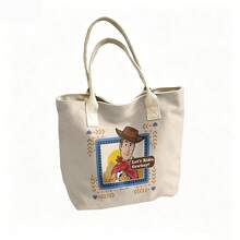 Miniso Disney Toy Story Woody Let's Ride, Cowboy! Canvas Tote Bag, Beige Western Print Shoulder Bag For Daily Use - White - View 4