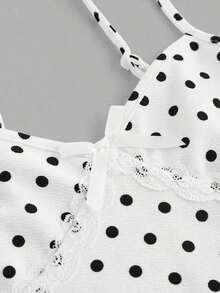 Camiseta ajustada de mujer con estampado floral, encaje de contraste y lazo decorativo, estilo casual de campo y vacaciones de verano - Blanco - Ver 3