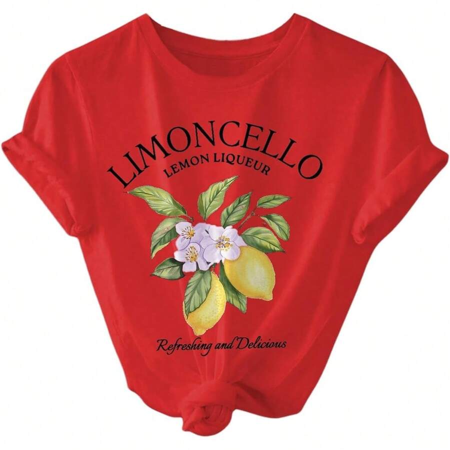 SweatyRocks - Women's Casual Short Sleeve T-Shirt With Letter And Fruit Print - 紅色 - 查看 1