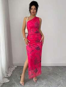 Vestido de noche de lujo para mujer, vestido sexy sin mangas con cuello asimétrico y estampado de teñido anudado - Rosa Roja - Ver 4