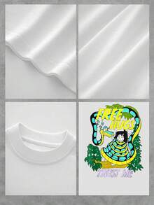 Graphic Of A Blue And Yellow Snake Humorously Embracing A Character Among Tropical Leaves, Conveying A Playful Message Of Trust And Affection. Comfortable Casual Women's T-Shirt For Summer And Everyday Wear. - 白色 - 查看 4