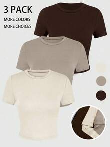 3 Piezas/set Camiseta Ajustada Básica De Manga Corta Con Cuello Redond De Color Sólido En Diferentes Colores - Multicolor - Ver 5