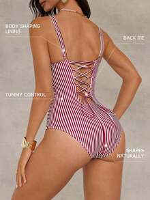 Traje de baño de una pieza con control de abdomen, con cordón, espalda descubierta, a rayas azul y blanco, con efecto push-up, para playa, resort y fiesta - Rojo y blanco - Ver 2