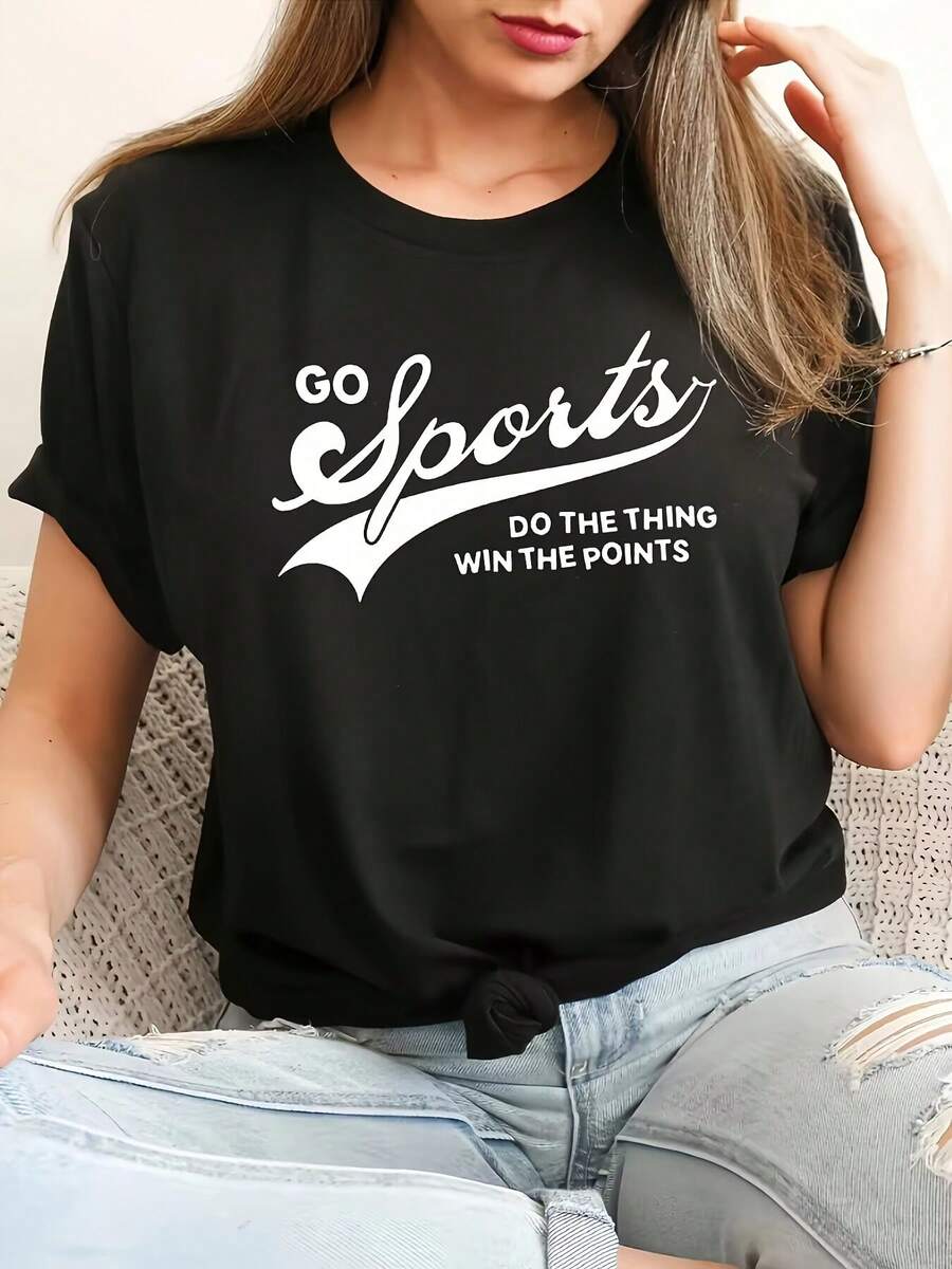 Y2K Letter Print Casual Spring/Summer T-Shirt, Round Neck, Short Sleeve, Women's Sports T-Shirt, Graphic Print, Summer Streetwear - 黑色 - 查看 1