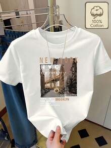 New Fashionable Women's T-Shirt With Round Neck, New York Cityscape Print And Motivational Text, Short Sleeve, Casual Summer Clothing, Comfortable And Breathable For Women. Versatile Design Ready For Summer. - 白色 - 查看 12