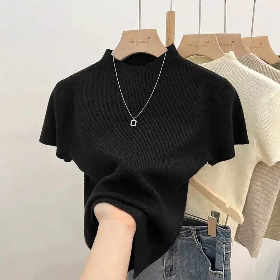 Jersey básico de cuello alto liso fino para mujer, suéter tejido para mujer, suéter ajustado de manga corta para verano 2026 - Negro - Ver 1