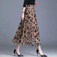 Falda de tul coreana para mujer, falda Midi holgada Floral con gancho a la moda para verano, faldas de malla informales elegantes que combinan con todo, novedad - Caqui - Ver 4