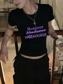Women's Short-Sleeved Black Crew Neck T-Shirt, Bad Girl Summer Style, New Letter Print Design, Super Cute Fitted Cut, Youthful Casual Style Perfect For Outings, Parties And Everyday Wear 7OEX - 黑色 - 查看 1