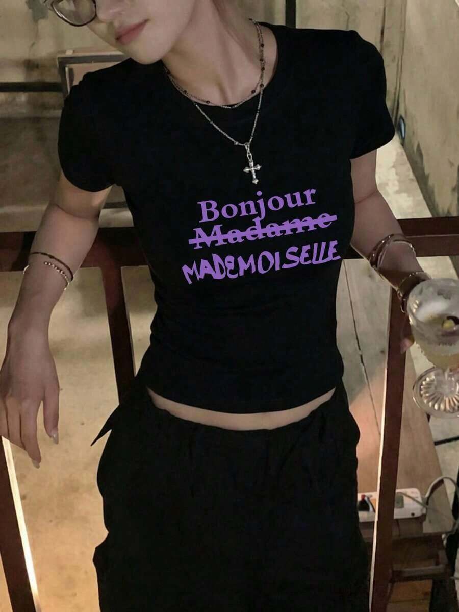 Women's Short-Sleeved Black Crew Neck T-Shirt, Bad Girl Summer Style, New Letter Print Design, Super Cute Fitted Cut, Youthful Casual Style Perfect For Outings, Parties And Everyday Wear 7OEX - 黑色 - 查看 1