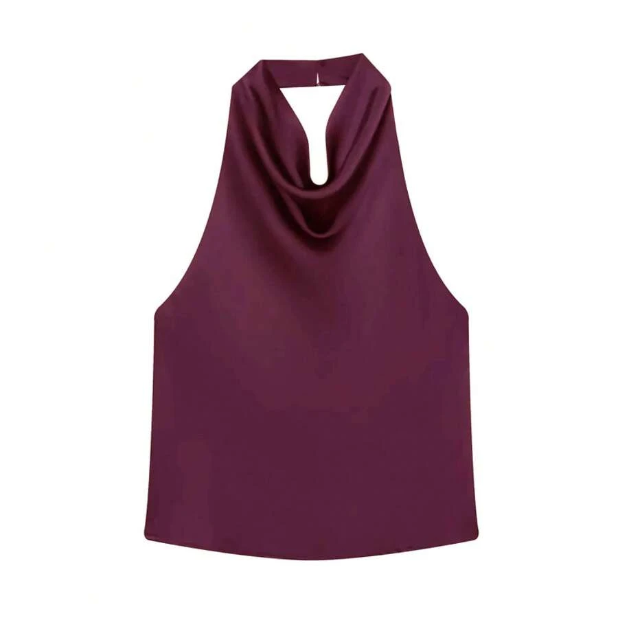 MUJER-Tops con cuello Halter para mujer, Top corto de satén con espalda descubierta, Tops de playa con hombros descubiertos para mujer, camisola Sexy, Top sin mangas para mujer - vino tinto - Ver 1