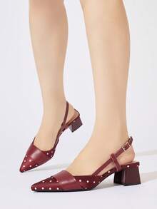Women's Red & White Polka Dot Pattern Patchwork Pointed Toe Ankle Strap Chunky Heel Slip-On Closed Toe High Heels, Festival, Block Heels, Gathering - Burgundy - View 4