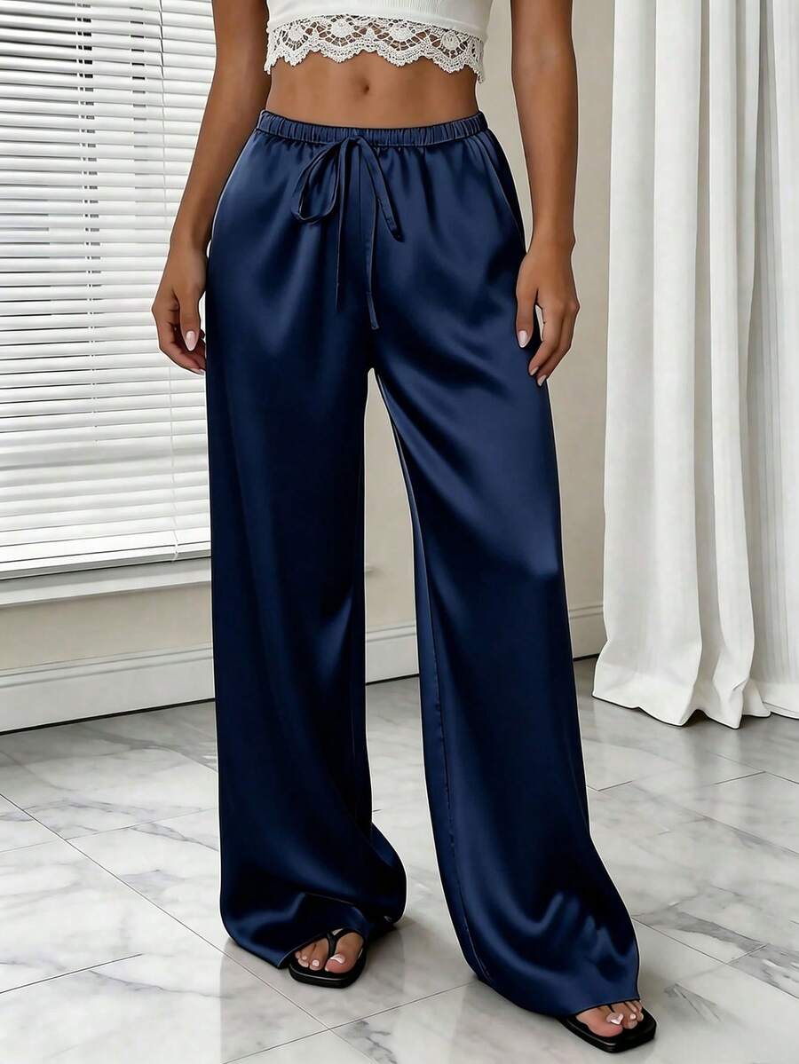 1 pieza Pantalones con bolsillo y cordón en unicolor, adecuados para el hogar, uso diario, vacaciones, fiestas de solteros, satén, para todas las estaciones de primavera - Azul Marino - Ver 1
