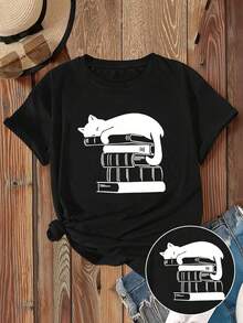 100% Cotton Women's Short Sleeve T-Shirt, Round Neck, Casual And Fashionable, With Simple White Cat Book Print, Middle Eastern Style, For Adults - 黑色 - 查看 7