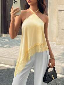 Camiseta de tirantes finos y sin mangas casual y sexy para mujer, camisola de satén con bajo asimétrico de malla, adecuada para citas nocturnas, vacaciones, despedidas de soltero y fiestas de cumpleaños en verano - amarillo ganso - Ver 6